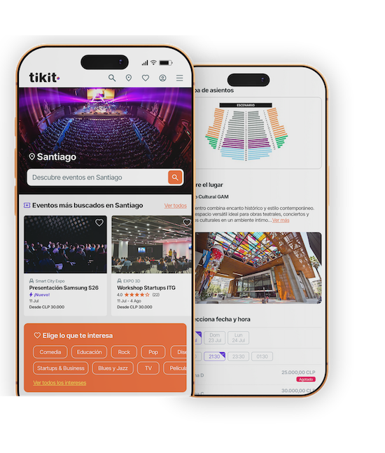 Tikit app en dispositivos móviles mostrando la gestión de eventos y tickets